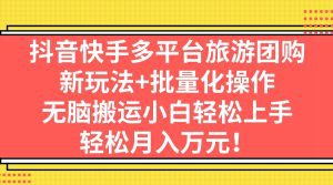抖音快手多平台旅游团购，新玩法+批量化操作，无脑搬运小白轻松上手，轻松月入万元！