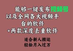 能够一键发布视频号以及全网各大视频平台的软件+两款深度去重软件 适合新人搬运，轻松日入过万