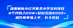 深度解析小红书售卖小学资料项目 8个月收入20W+轻松引流8000+操作简单易上手，长久收益