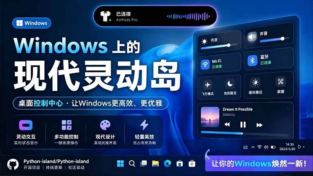Windows也能拥有桌面灵动岛！现代化的系统控制中心，让你的电脑多个黑刘海，PyIsland-娜娜项目网