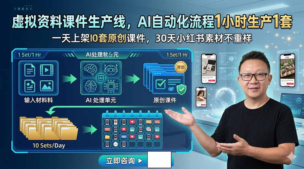 虚拟资料课件生产线，AI自动化流程1小时生产1套，一天上架10套原创课件，30天小红书素材不重样-娜娜项目网