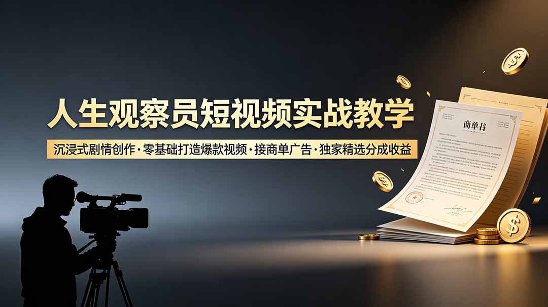 人生观察员短视频实战教学，沉浸式剧情创作，零基础打造爆款视频，接商单广告，独家精选分成收益-娜娜项目网