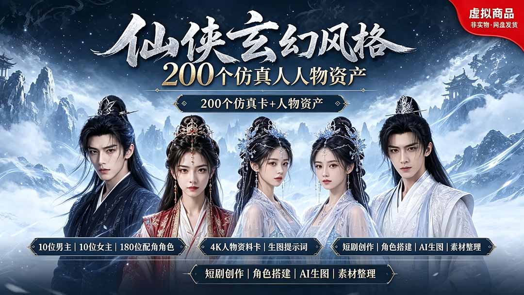 200个仙侠玄幻仿真人素材◆10男主×10女主×180配角,4K资料卡+AI生图提示词,漫剧必备-娜娜项目网