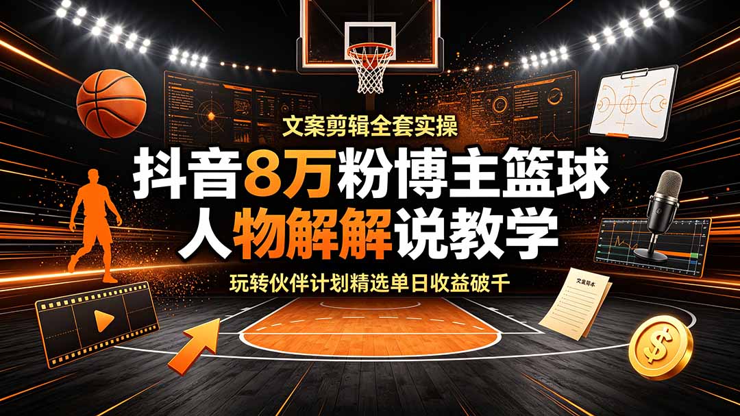 抖音8万粉博主篮球人物解说教学,文案剪辑全套实操,玩转伙伴计划精选单日收益破千-娜娜项目网