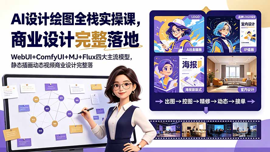 AI设计绘图全栈实操课，WebUI+ComfyUI+MJ+Flux四大主流模型，静态插画动态视频商业设计完整落地教程-娜娜项目网