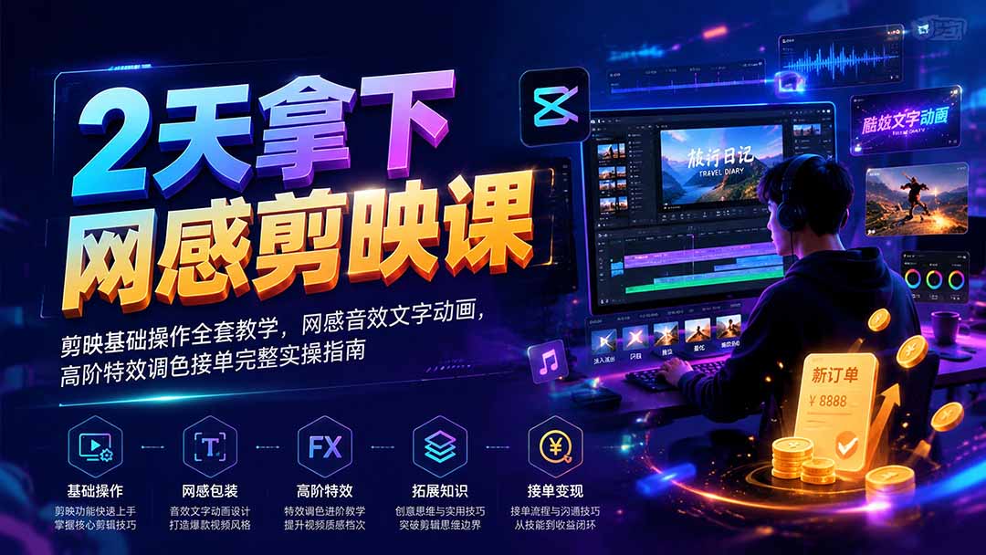 2天拿下网感剪辑课|剪映基础操作全套教学,网感音效文字动画,高阶特效调色接单完整实操指南-娜娜项目网