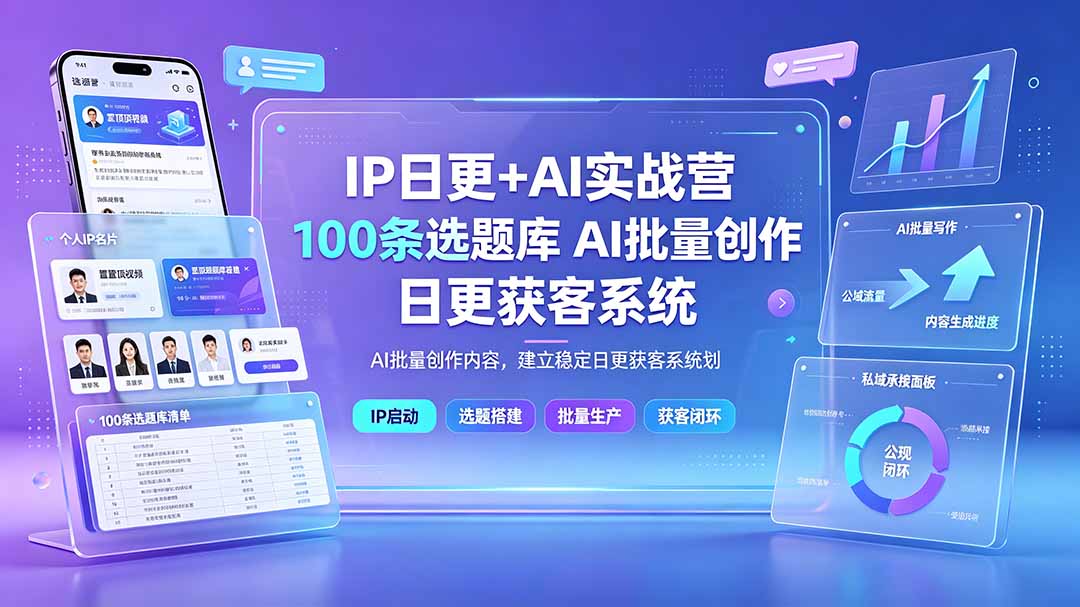IP日更+AI实战营:IP置顶视频制作×100条选题库搭建×10条日更规划,AI批量创作内容,建立稳定日更获客系统-娜娜项目网