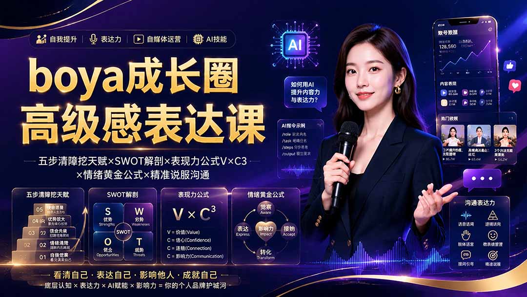 boya成长圈|内心成长高级表达AI自媒体三合一,消解内耗挖掘天赋,镜头沟通AI指令短视频全流程教学-娜娜项目网