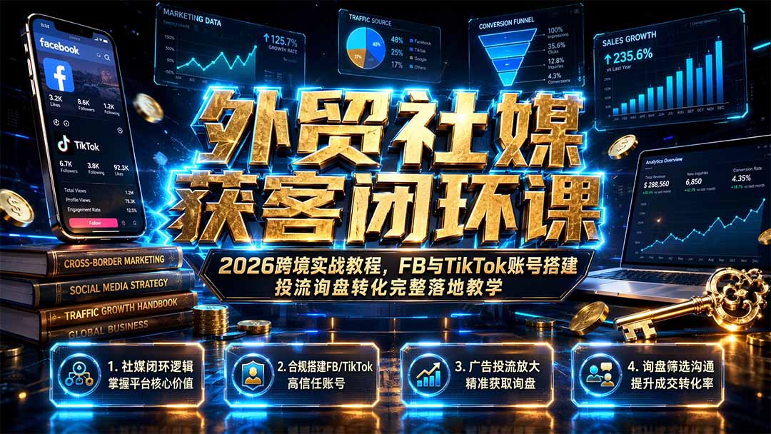 外贸社媒获客闭环课｜2026跨境实战教程，FB与TikTok账号搭建投流询盘转化完整落地教学-娜娜项目网