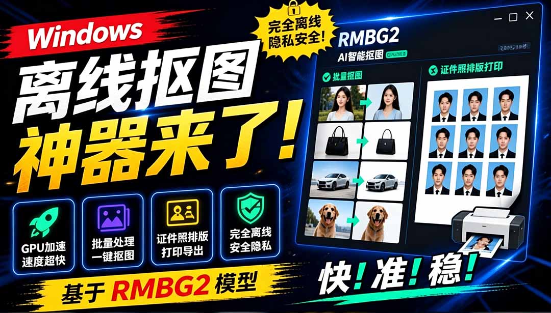 Windows离线抠图神器来了!支持批量抠图 + 证件照排版打印,基于RMBG2模型,GPU加速 方块AI抠图-娜娜项目网