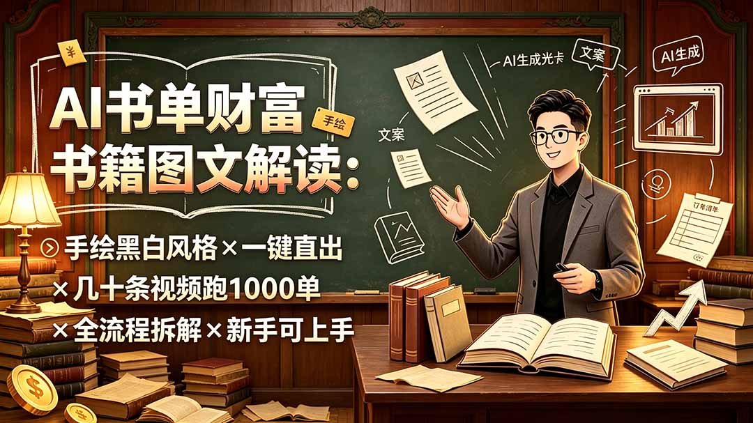 AI书单财富书籍图文解读:手绘黑白风格×一键直出×几十条视频跑1000单×全流程拆解×新手可上手-娜娜项目网