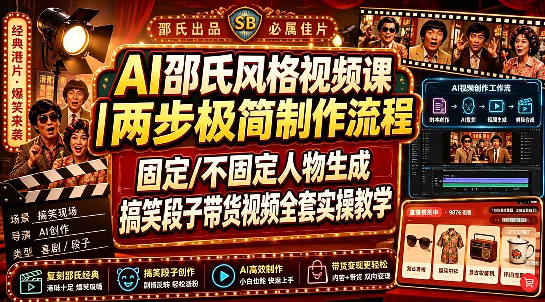 AI邵氏风格视频课|两步极简制作流程,固定/不固定人物生成,搞笑段子带货视频全套实操教学-娜娜项目网