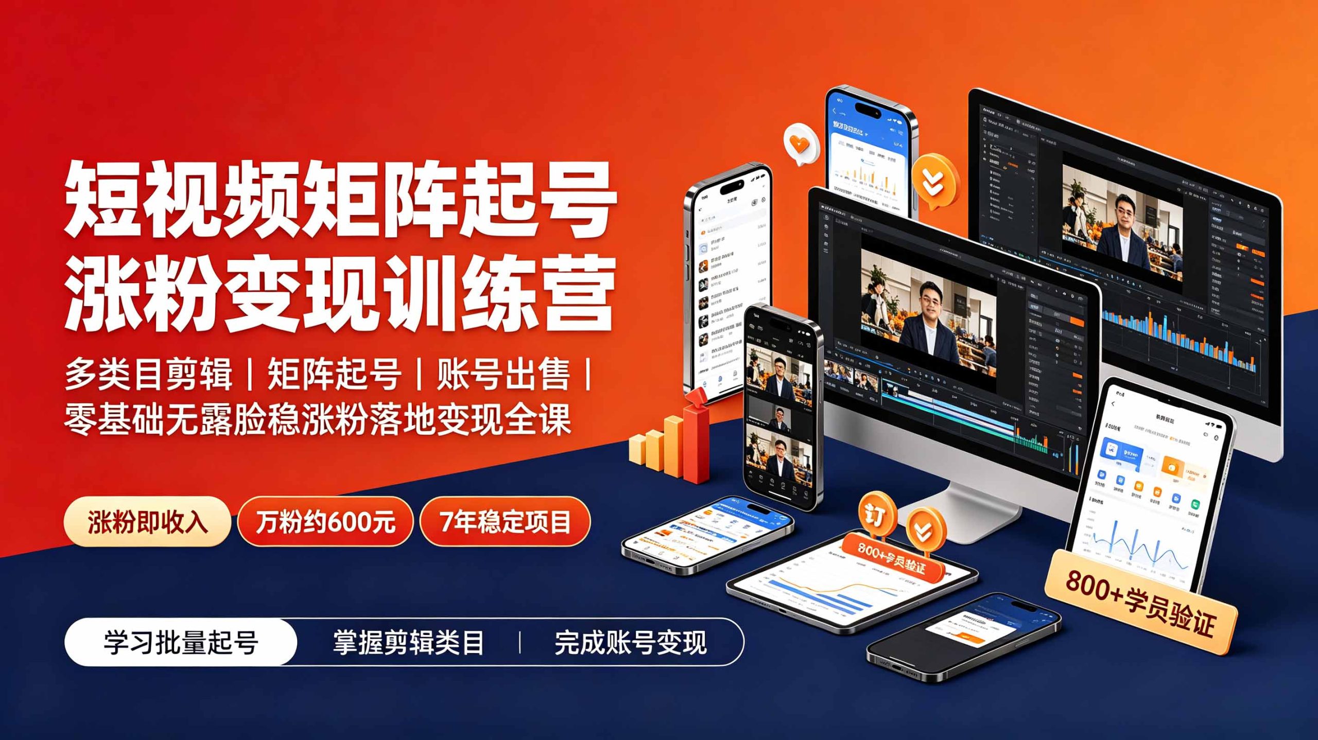 短视频矩阵起号涨粉变现训练营|多类目剪辑·矩阵起号·账号出售,零基础无露脸稳涨粉落地变现全课-娜娜项目网