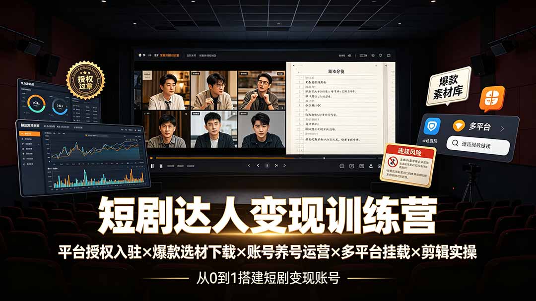 短剧达人变现训练营:平台授权入驻×爆款选材下载×账号养号运营×多平台挂载×剪辑实操×违规处理全流程-娜娜项目网