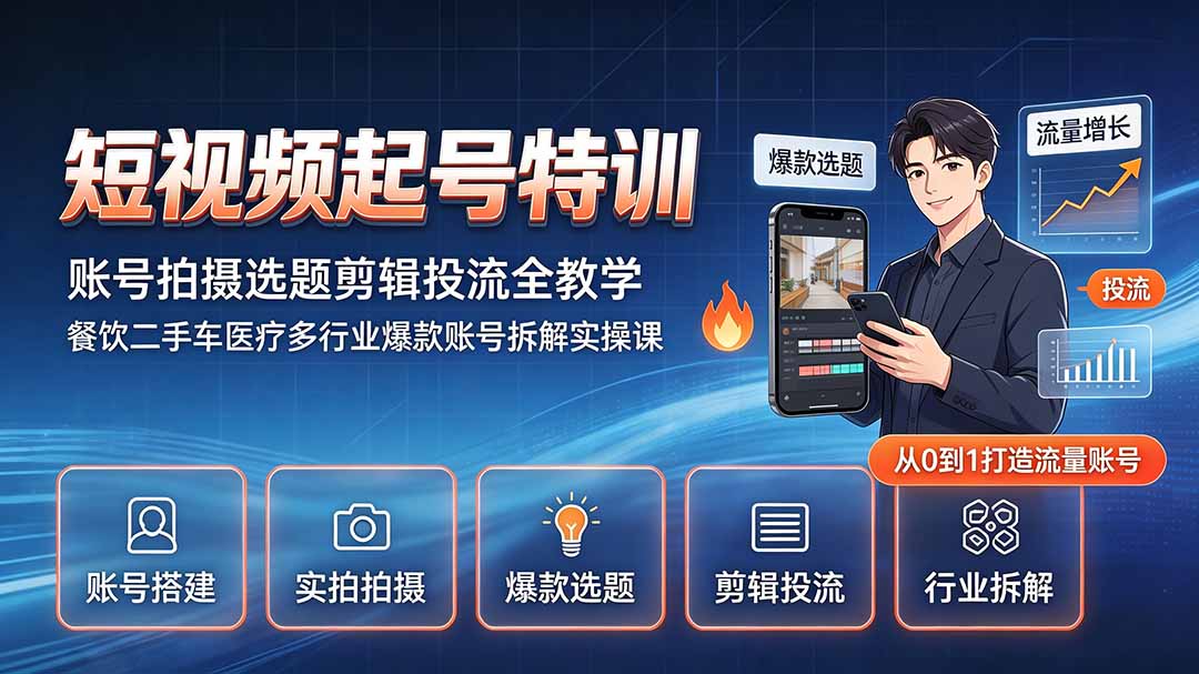 短视频起号特训|账号拍摄选题剪辑投流全教学,餐饮二手车医疗多行业爆款账号拆解实操课-娜娜项目网