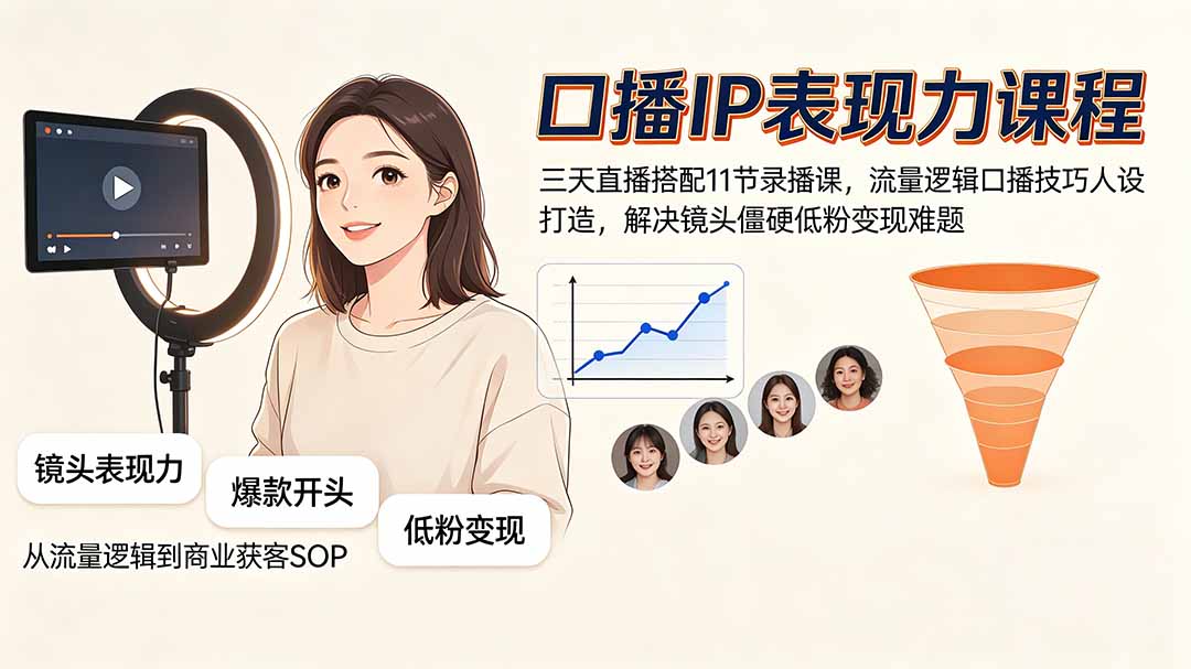 口播IP表现力课程|三天直播搭配11节录播课,流量逻辑口播技巧人设打造,解决镜头僵硬低粉变现难题-娜娜项目网