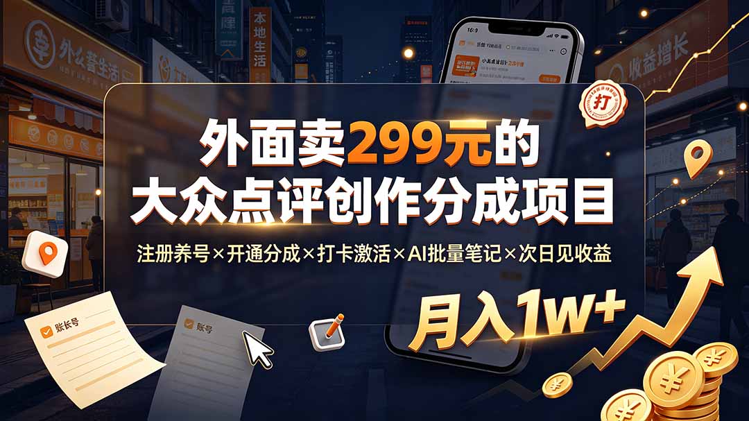外面卖299元的大众点评创作分成项目：注册养号×开通分成×打卡激活×AI批量笔记×次日见收益，月入1w+-娜娜项目网