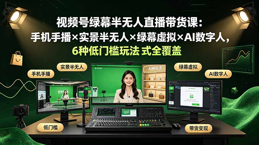 视频号绿幕半无人直播带货课:手机手播×实景半无人×绿幕虚拟×AI数字人,6种低门槛玩法全覆盖-娜娜项目网