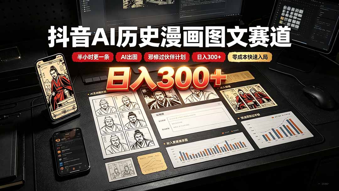 抖音AI历史漫画图文赛道:半小时更一条×AI出图×邪修过伙伴计划×日入300+,零成本快速入局-娜娜项目网