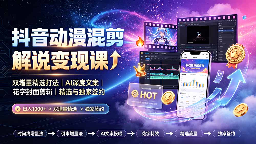 抖音动漫混剪解说变现课:双增量精选打法|AI深度文案|花字封面剪辑| 精选与独家签约日入1000+-娜娜项目网
