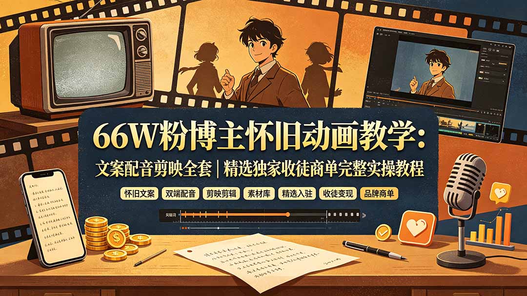 66W粉博主怀旧动画教学:文案配音剪映全套|精选独家收徒商单完整实操教程-娜娜项目网