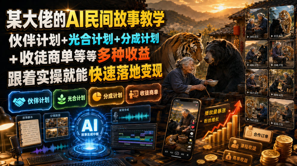 某大佬的AI民间故事教学,伙伴计划+光合计划+分成计划+收徒商单等多种收益,跟着实操就能快速落地变现-娜娜项目网