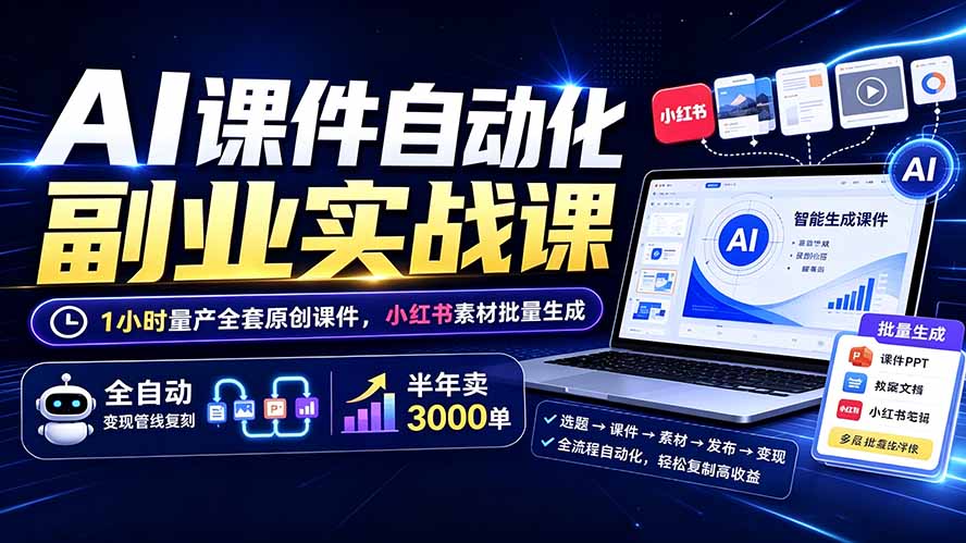 AI课件自动化副业实战课:1小时量产全套原创课件×小红书素材批量生成×全自动变现管线×半年卖3000单-娜娜项目网