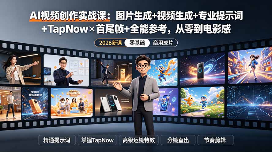 AI视频创作实战课：图片生成+视频生成+专业提示词+TapNow×首尾帧+全能参考，从零到电影感成片-娜娜项目网