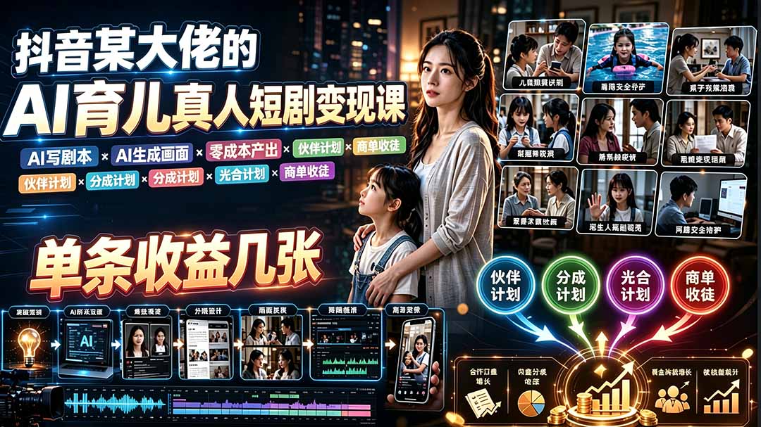 AI育儿真人短剧变现课:AI写剧本×AI生成画面×零成本产出×伙伴计划×分成计划×光合计划×商单收徒-娜娜项目网