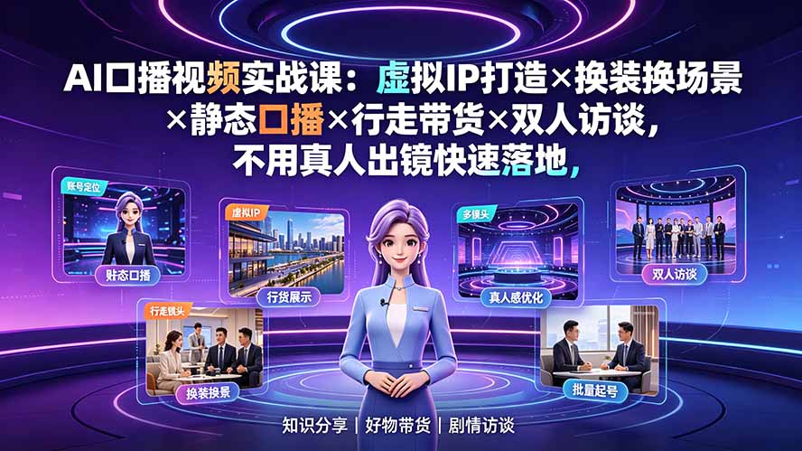AI口播视频实战课:虚拟IP打造×换装换场景×静态口播×行走带货×双人访谈,不用真人出镜快速落地-娜娜项目网