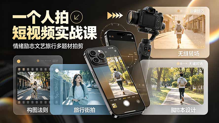 一个人拍短视频实战课:情绪励志文艺旅行多题材×五大景别×黄金构图×八大运镜,从拍摄到成片高效创作-娜娜项目网