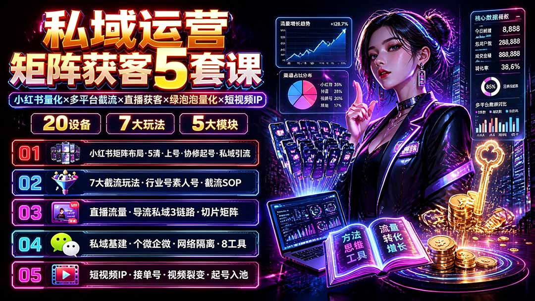 私域运营矩阵获客5套课:小红书量化×多平台截流×直播获客×绿泡泡量化×短视频IP×20设备×7大玩法-娜娜项目网