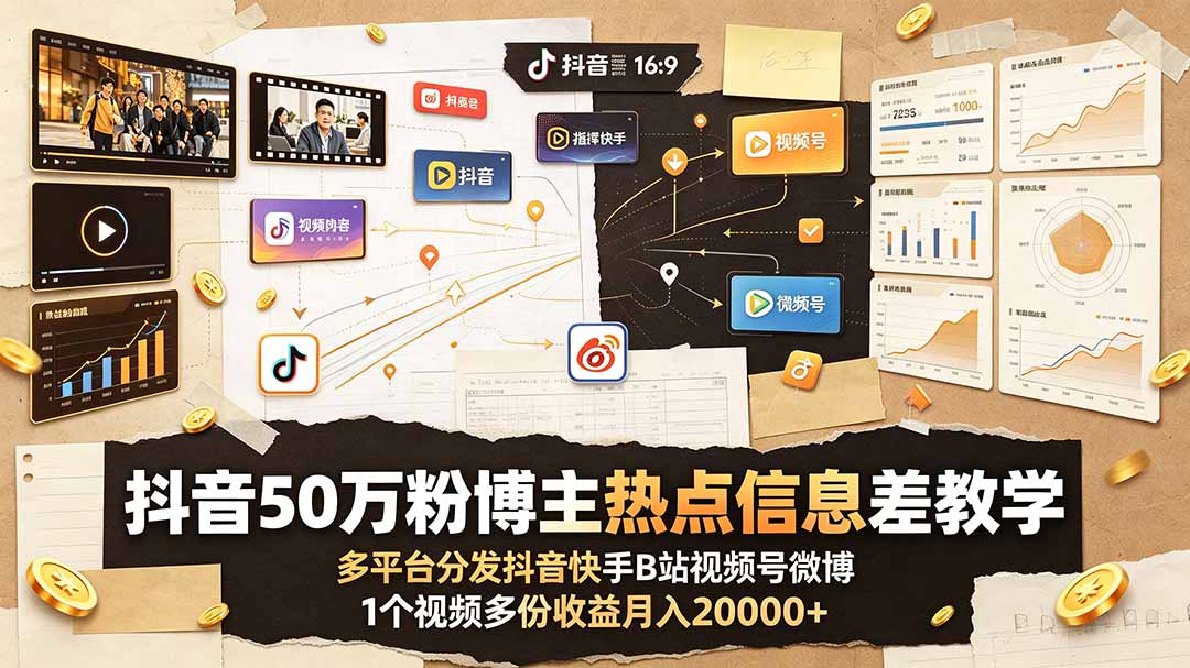 抖音50万粉博主热点信息差教学:多平台分发抖音快手B站视频号微博,1个视频多份收益月入20000+-娜娜项目网