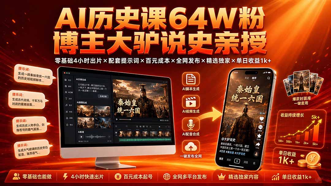 AI历史课64W粉博主大驴说史亲授:零基础4小时出片×配套提示词×百元成本×全网发布×精选独家×单日收益1k+-娜娜项目网