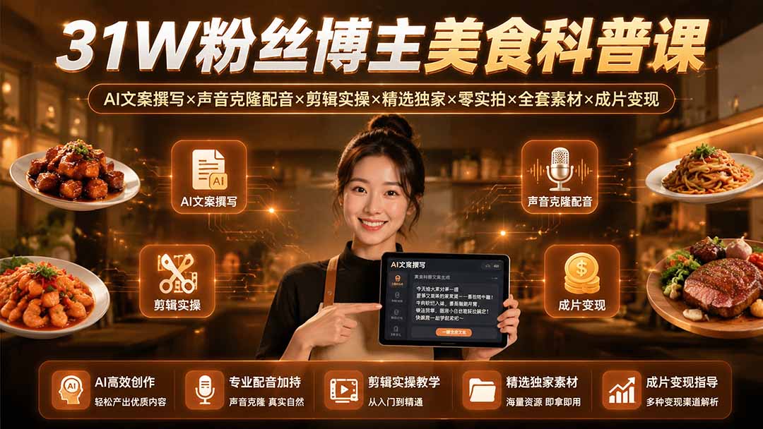 31W粉丝博主美食科普课:AI文案撰写×声音克隆配音×剪辑实操×精选独家×零实拍×全套素材×成片变现-娜娜项目网