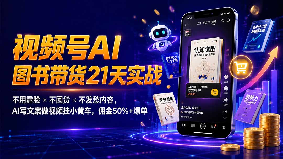 繁花视频号AI图书带货21天实战:不用露脸×不囤货×不发愁内容,AI写文案做视频挂小黄车,佣金50%+爆单-娜娜项目网