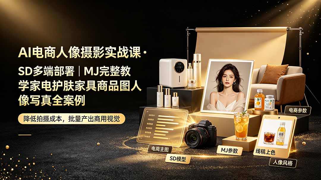 AI电商人像摄影实战课·SD多端部署|MJ完整教学|家电护肤家具商品图人像写真全案例-娜娜项目网