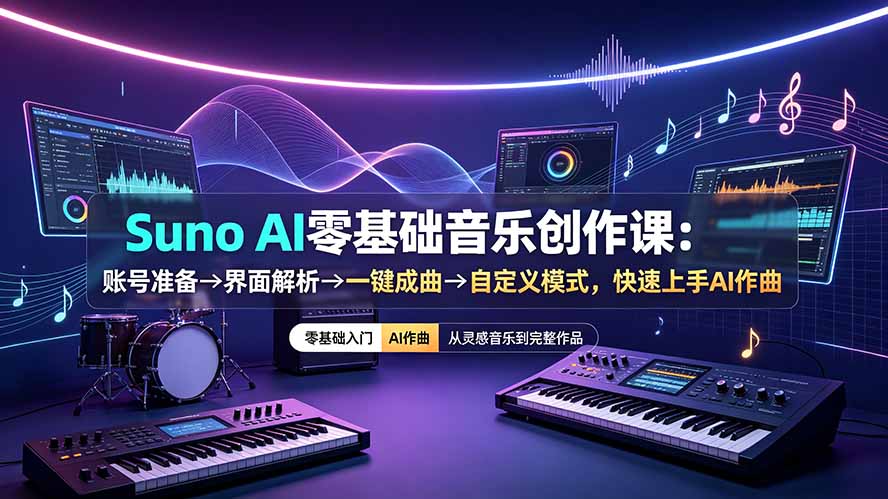 Suno AI零基础音乐创作课:账号准备→界面解析→一键成曲→自定义模式,快速上手AI作曲-娜娜项目网