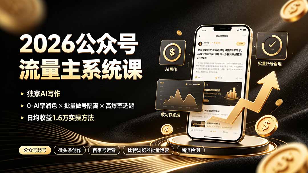 2026公众号流量主系统课:独家AI写作×0-AI率润色×批量做号隔离×高爆率选题,日均收益1.6万实操方法-娜娜项目网