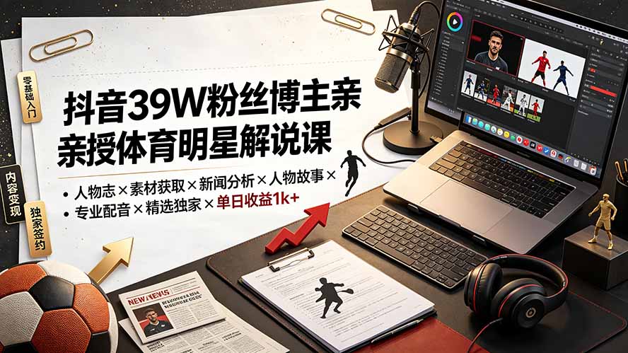 抖音39W粉丝博主亲授体育明星解说课:人物志×素材获取×新闻分析×人物故事×专业配音×精选独家×单日收益1k+-娜娜项目网