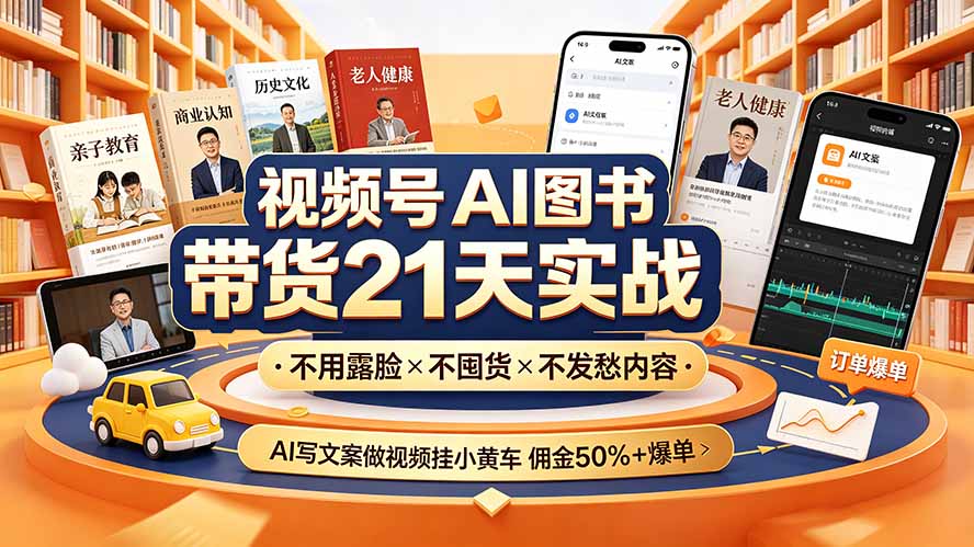 视频号AI图书带货21天实战:不用露脸×不囤货×不发愁内容,AI写文案做视频挂小黄车,佣金50%+爆单-娜娜项目网