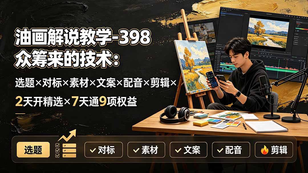 油画解说教学-398众筹来的技术:选题×对标×素材×文案×配音×剪辑×2天开精选×7天通9项权益-娜娜项目网