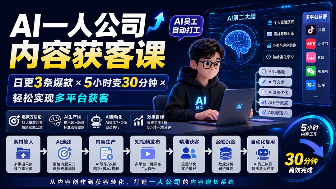 AI一人公司内容获客课-更新8月:日更3条爆款×5小时变30分钟×AI员工自动打工,轻松实现多平台获客-娜娜项目网