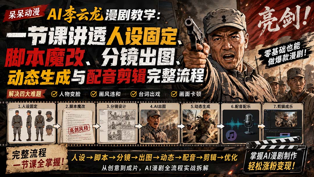呆呆动漫AI李云龙漫剧教学:一节课讲透人设固定、脚本魔改、分镜出图、动态生成与配音剪辑完整流程-娜娜项目网