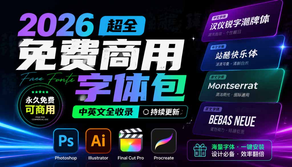 2026超全免费商用字体包字体中英文，涵盖ps/ai/fcpx/procreate 字库-娜娜项目网