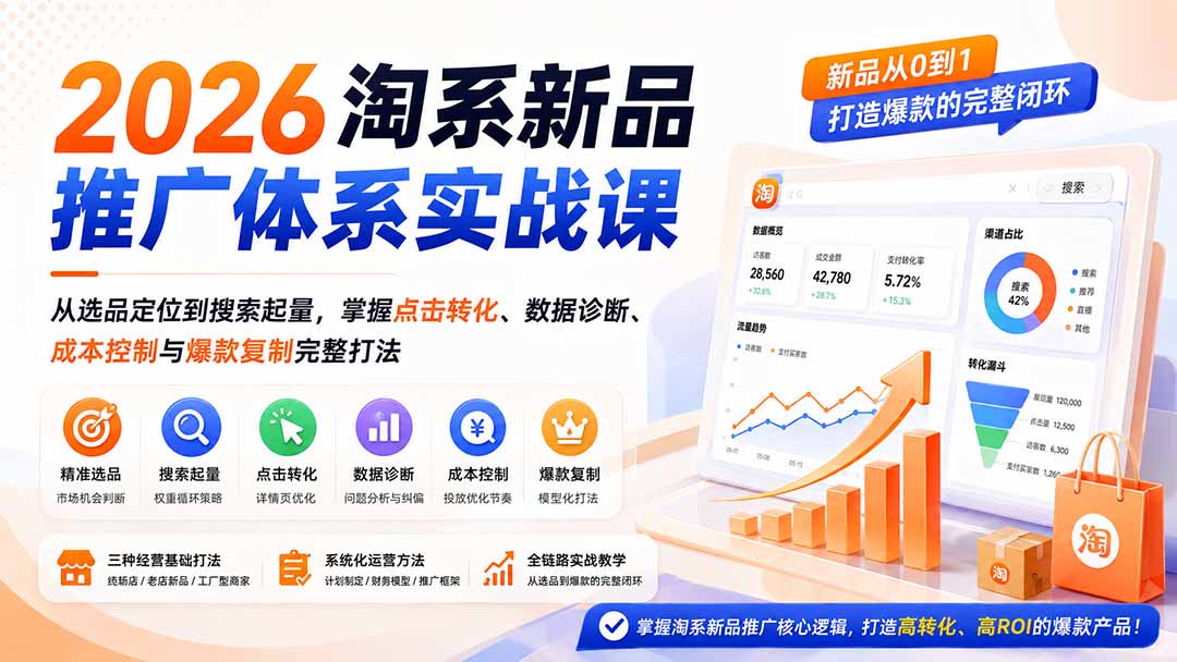 2026淘系新品推广体系实战课:从选品定位到搜索起量,掌握点击转化、数据诊断、成本控制与爆款复制完整打法-娜娜项目网