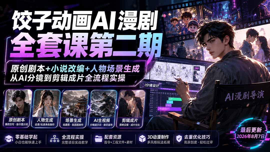 饺子动画AI漫剧全套课第二期:原创剧本+小说改编+人物场景生成,从AI分镜到剪辑成片全流程实操-娜娜项目网