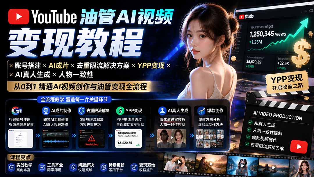 YouTube油管AI视频变现教程-更新:账号搭建×AI成片×去重限流解决方案×YPP变现×AI真人生成×人物一致性-娜娜项目网