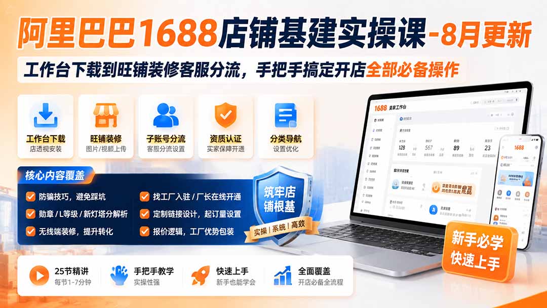 阿里巴巴1688店铺基建实操课-8月更新;工作台下载到旺铺装修客服分流,手把手搞定开店全部必备操作-娜娜项目网