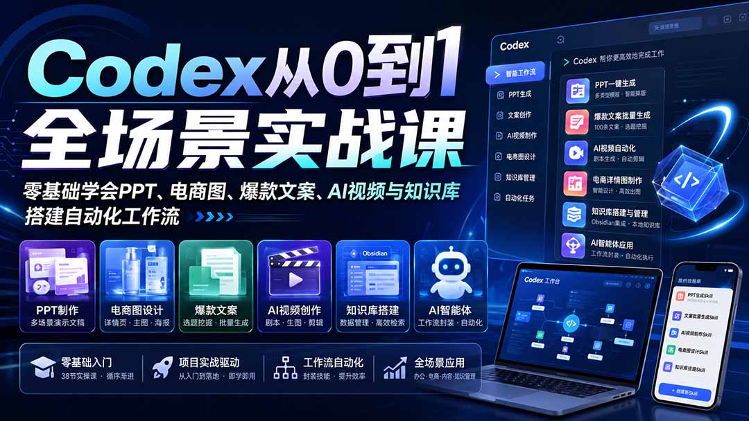 Codex从0到1全场景实战课:零基础学会PPT、电商图、爆款文案、AI视频与知识库,搭建自动化工作流-娜娜项目网